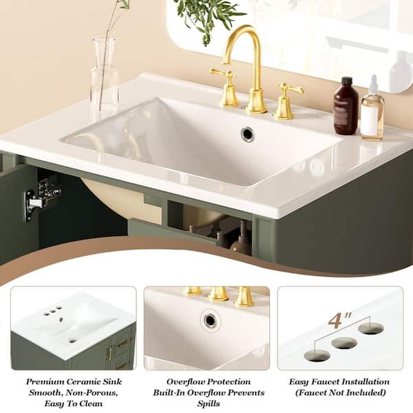 Virubi 24 in. W Olive Green Bath Vanity with White Ceramic Top, 3