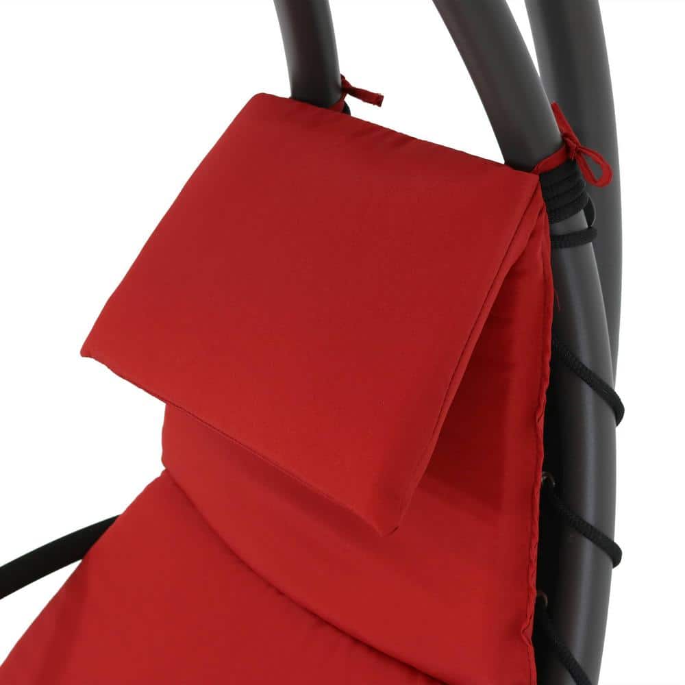 Red Steel Outdoor Hanging Chaise Lounge Chair with Canopy and Cushions
