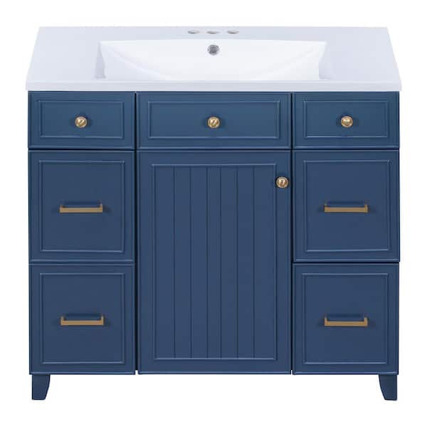 Polibi 36 in. W x 18 in. D x 34 in . H Wood Frame Bath Vanity in Navy Blue with Cultured Marble Top and Shaker Cabinet