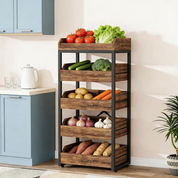 Tileon 5-Drawer Brown Wood Storage Basket Stand, Wine Organizer