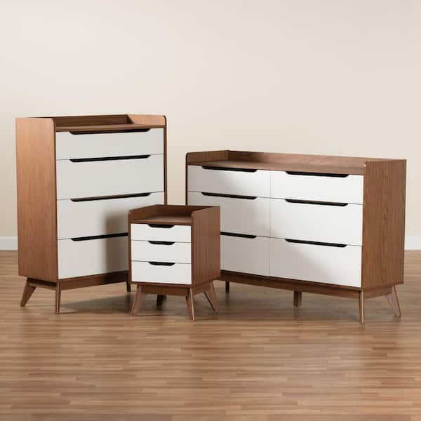 Baxton Studio Brighton 3 Piece White and Walnut Brown Bedroom