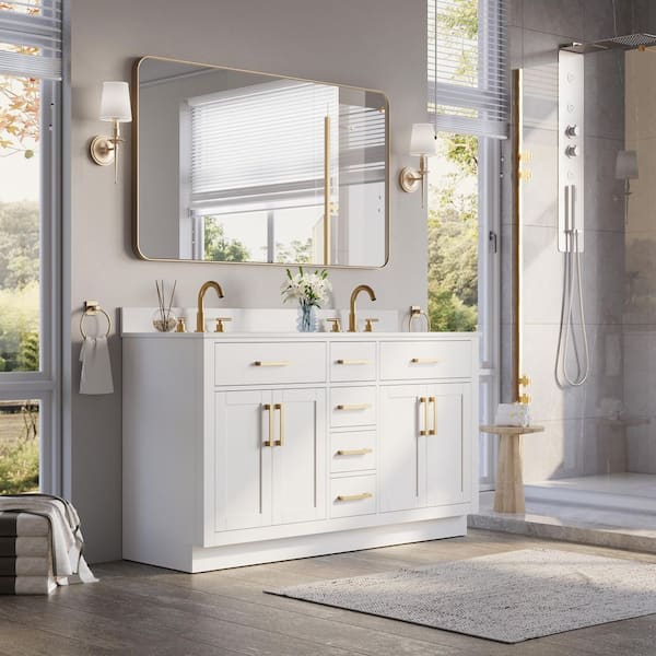 60 in. Double Sink Freestanding Solid Wood Bath Vanity in White with White Cultured Marble Top, Soft-Close, Assembled
