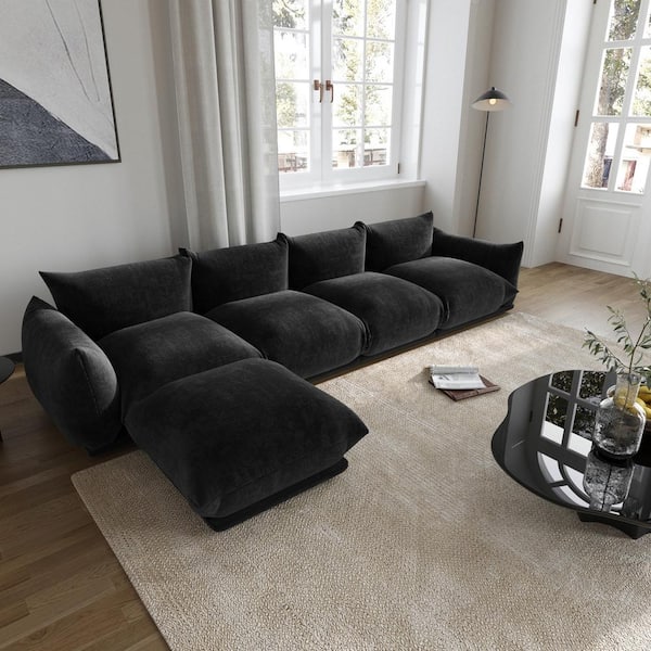 J&E Home 130.7 in. W Square Arm 3-Piece Chenille L-Shaped Modern Free Combination Sectional Sofa with Ottoman in Black