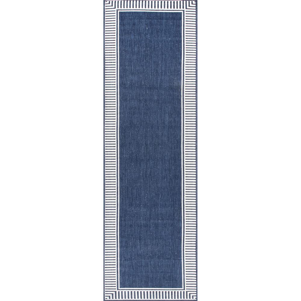Navy and White Striped Synthetic 2' x 8' Runner Rug