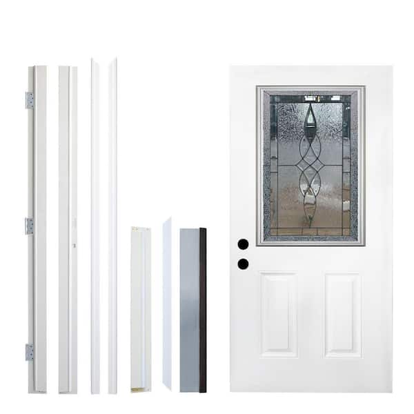 36 in. x 80 in. 2-Panel Right-Hand 1/2 Lite Decorative Glass White Fiberglass Prehung Front Door with Threshold, Hinge