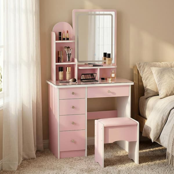 FUFU&GAGA 5-Drawers Pink Makeup Vanity Sets Dressing Table Sets with Stool, Mirror, LED Light and 3-Tier Storage Shelves