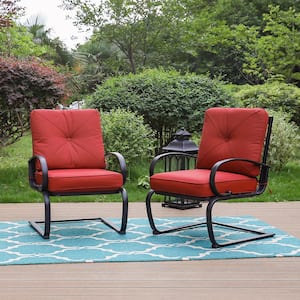 Black Metal Patio Outdoor Dining C-Spring Lounge Chair with Red Cushion (2-Pack)
