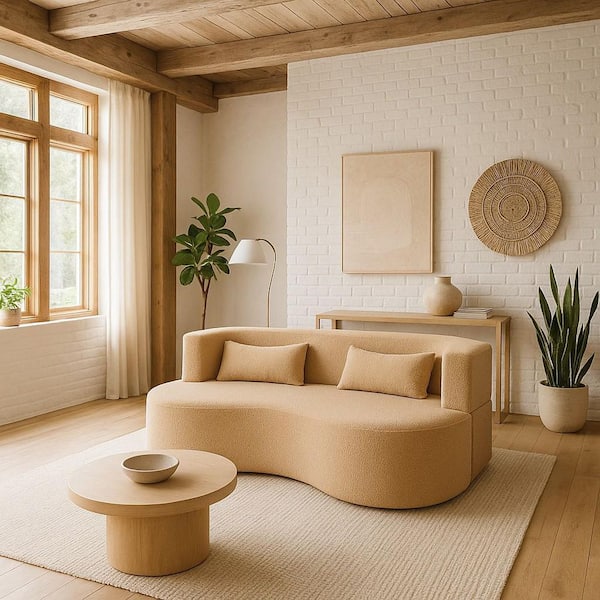 LAZYXD 79.5 in. Buttery Beige Convertible Teddy Fabric Sofa Bed with Pillows for Small Space and Guest Room