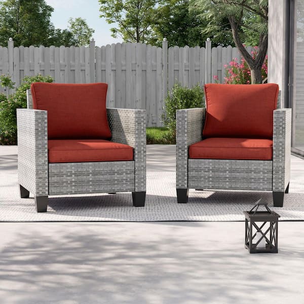 2-Pack Gray Wicker Patio Outdoor Single Sofa with Rust Red Cushion