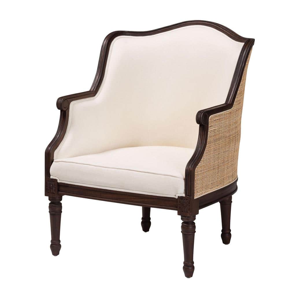 Beige and Dark Brown Carved Wood Accent Chair with Woven Rattan