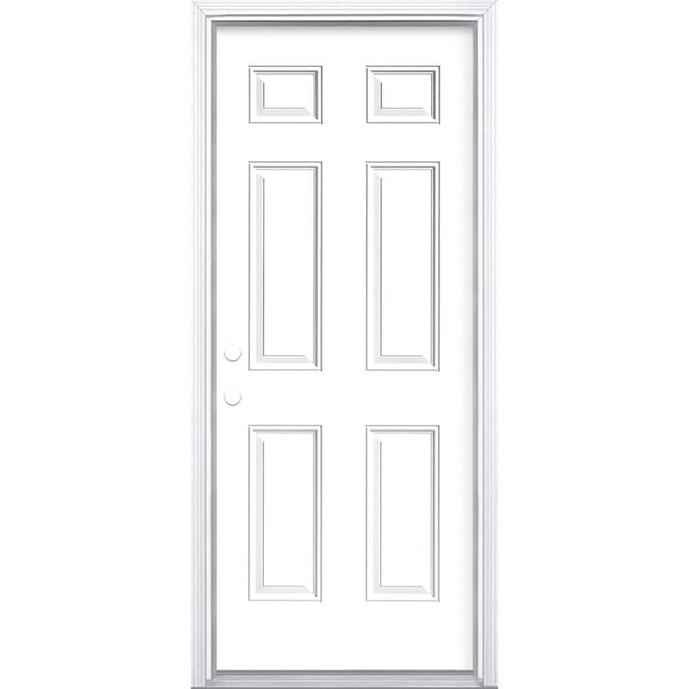 32 in. x 80 in. 6-Panel Right-Hand Inswing Painted Steel Prehung Front Exterior Door with Brickmold