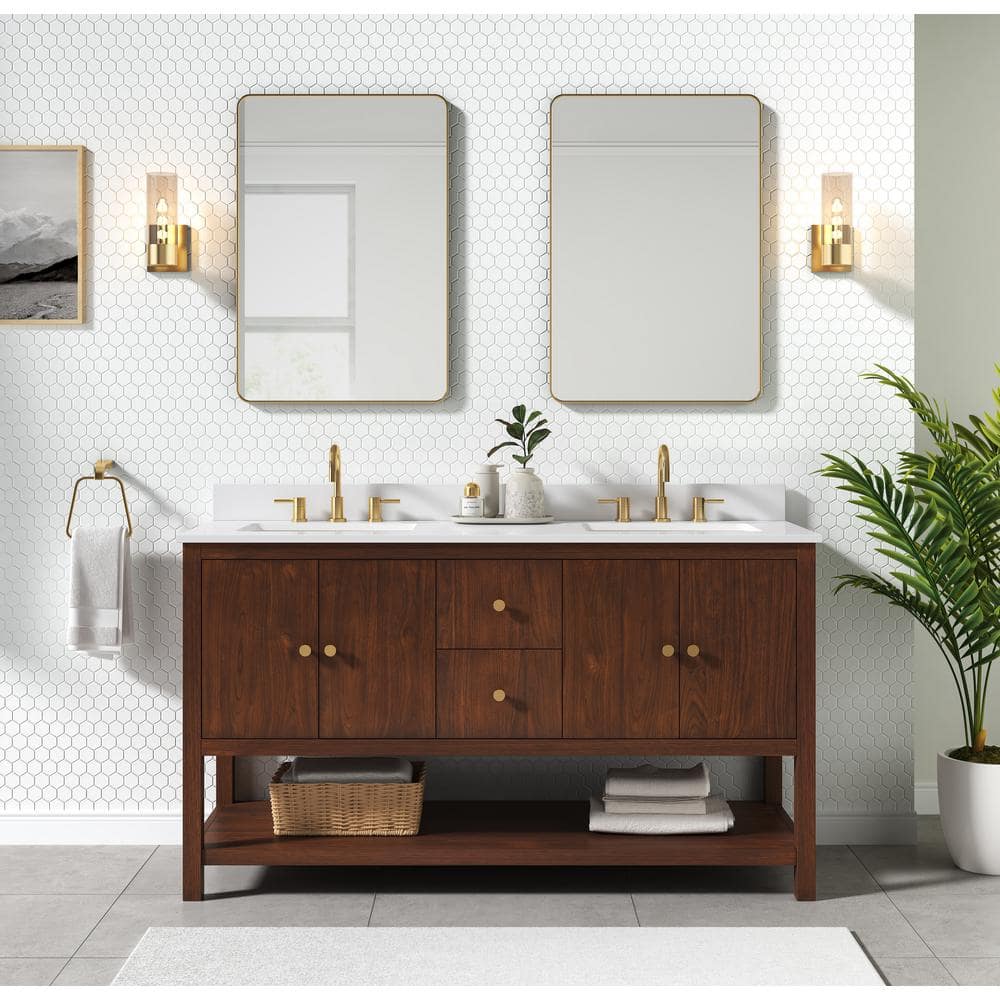 Zoe 61-Inch Walnut Double Sink Vanity with White Quartz Top