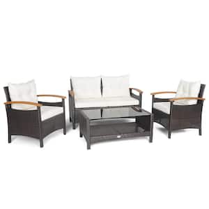 4-Piece Rattan Patio Conversation Set Sofa Furniture Set with Off White Cushions