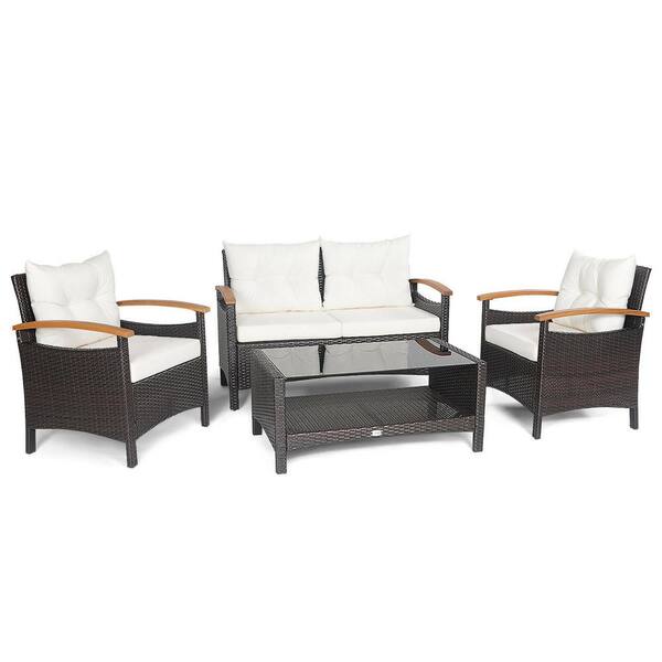 Gymax 4-Piece Rattan Patio Conversation Set Sofa Furniture Set with Off White Cushions