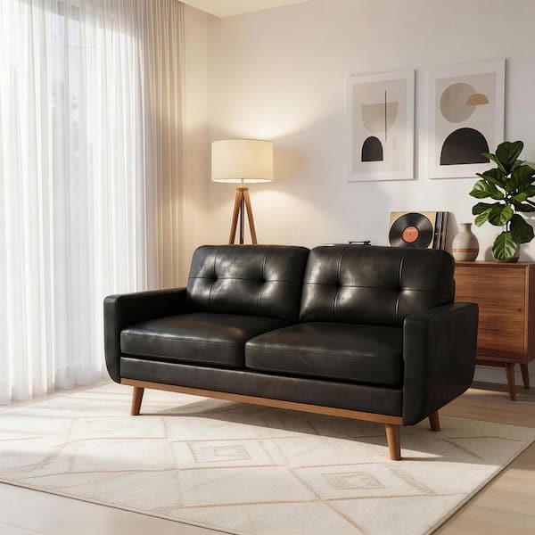 Mid-Century Modern 65 in. Foil Fabric Square Arm Rectangle Sofa in Black