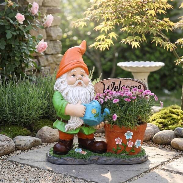 WOQWOQ 25.2 in Orange Resin Outdoor Gnome Flower Pot Planter for Patio