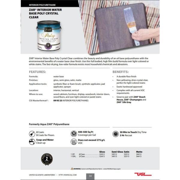Aqua ZAR Clear Satin Water-Based Polyurethane, 1 Gallon