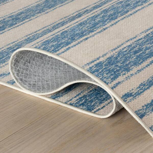 Vion Coastal Striped Machine Washable Blue 5 ft. x 8 ft. Indoor