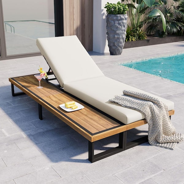 Unbranded Wood Outdoor Patio Chaise Lounge Chair Reclining with Beige Cushion, Adjustable Backrest and Side Table, for Poolside