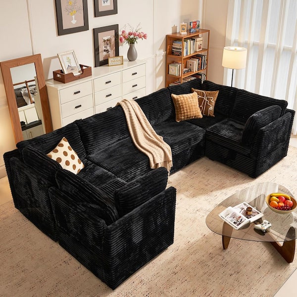 Cuke 127 in. Wide 6-Piece Modern Deep Seat Plush Corduroy U-Shape Modular Sectional Sofa Couch in Black