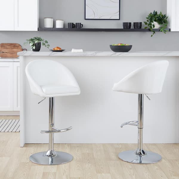 Matisse Highback 32.5 in. White Faux Leather and Chrome Metal Adjustable Bar Stool with Rounded T Footrest (Set of 2)