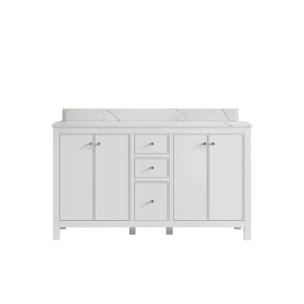 Willow Collections Chicago 60 in. Double Sink Freestanding White Bath Vanity with Calacatta Laza Qt. Top Unassembled