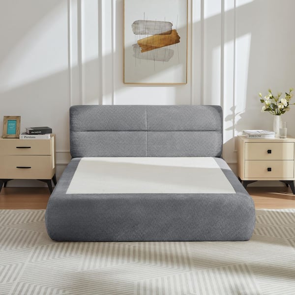 Compressible Dark Gray Frame Queen Platform Bed, Sofa Bed, Chenille Upholstered with Headboard, Pocket Spring Support