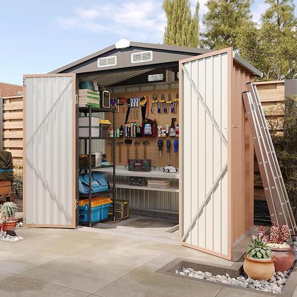 6 ft. W x 4 ft. D Storage Metal Shed with Metal Floor Base Frame, Double Door and Vents for Patio, Brown (24 sq. ft. )