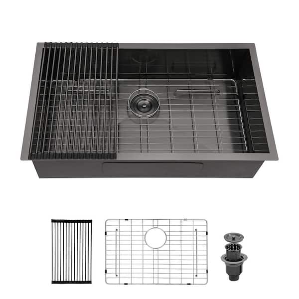 30 in. Undermount Single Bowl 18 Gauge Gunmetal Black Stainless Steel Kitchen Sink with Bottom Grids