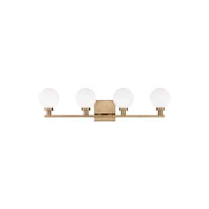 Clybourn 30.125 in. 4-Light Satin Brass Vanity Light with Milk Glass Shades