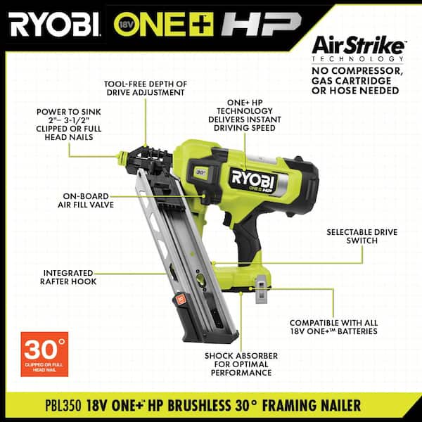 RYOBI ONE+ HP 18V Brushless Cordless AirStrike 30° Framing Nailer 