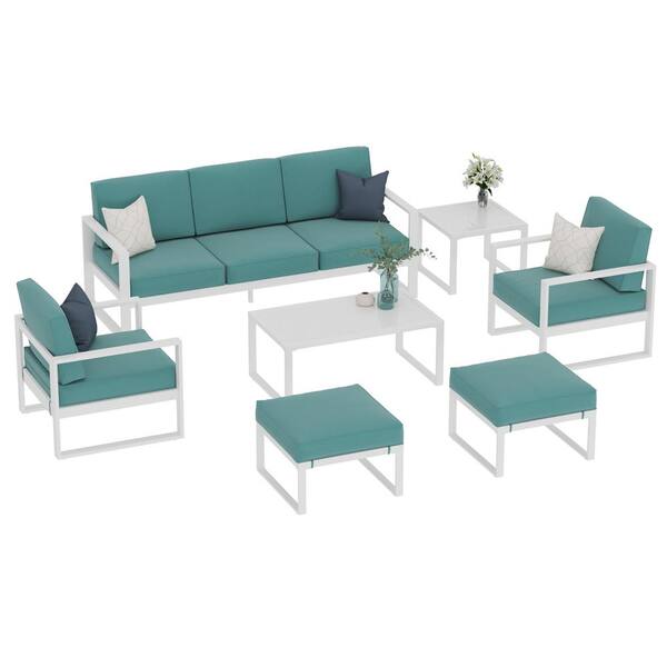 SUNVIVI 7-Piece Aluminum Patio Conversation Set with Turquoise Cushions