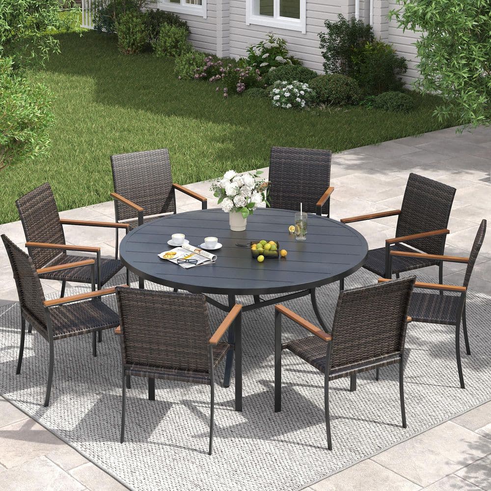 9-Piece Metal Outdoor Dining Set with 53 in. Black Round Dining Table and 8 Brown Wicker Stackable Dining Chairs price history on PriceWatchPro
