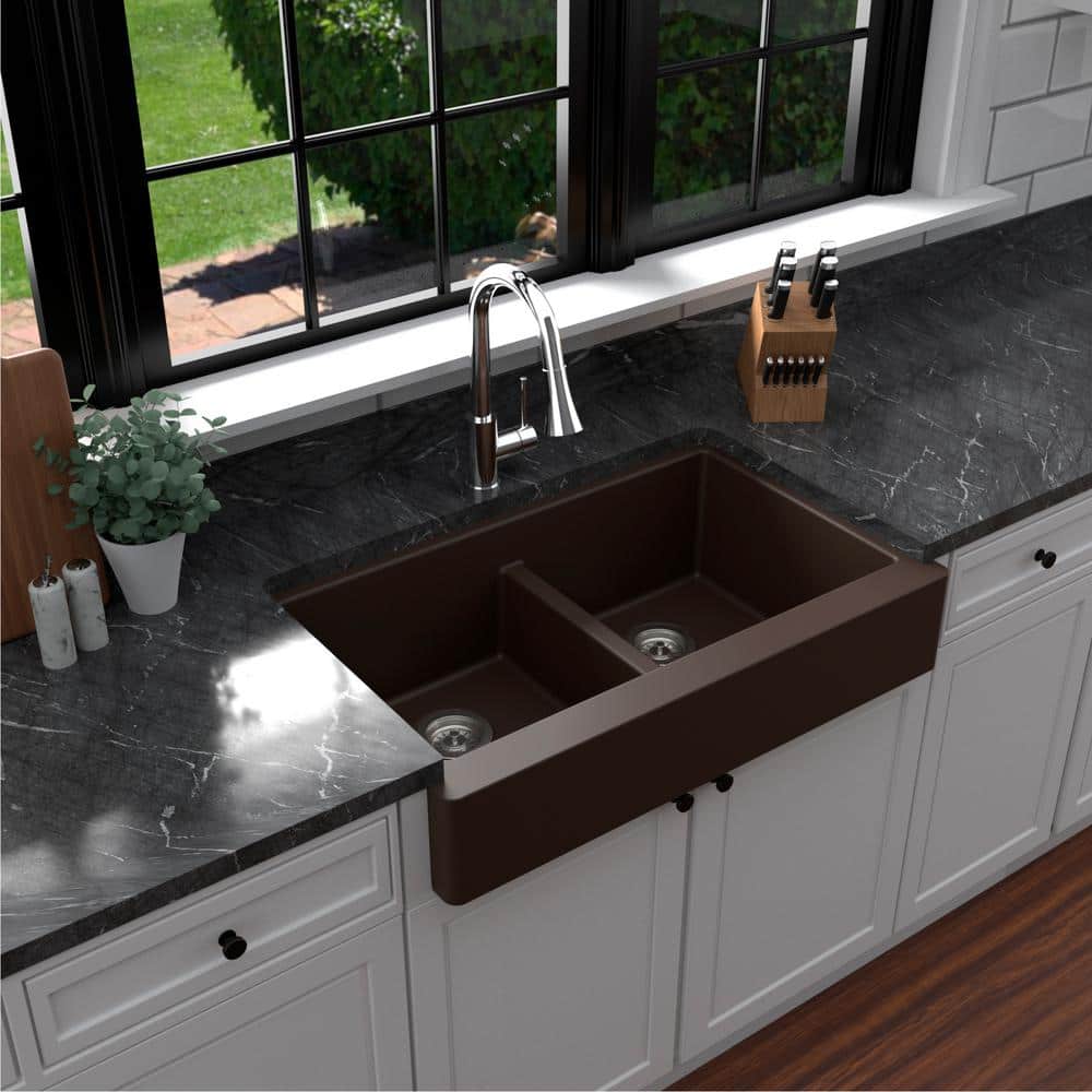 Brown Quartz Composite Farmhouse Double Bowl Kitchen Sink