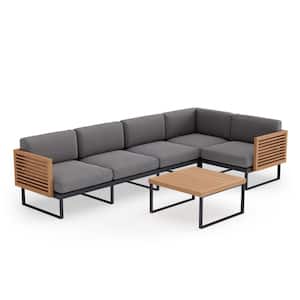 Monterey 5 Seater 6 Piece Aluminum Teak Outdoor Outdoor Sectional Set with Cast Slate Cushions