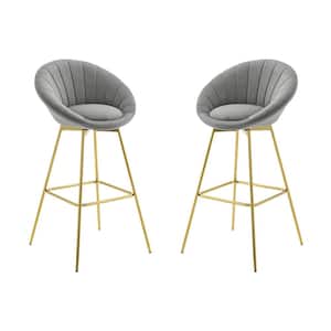 Modern 37.99 in. Height Gray Velvet Round Swivel Bar Stools with 4-Metal Foots and Low Back (Set of 2)