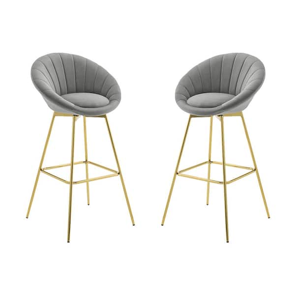 Gray Velvet Round Swivel Bar Stools, Round Metal Swivel Bar Stools With Back And Arms
