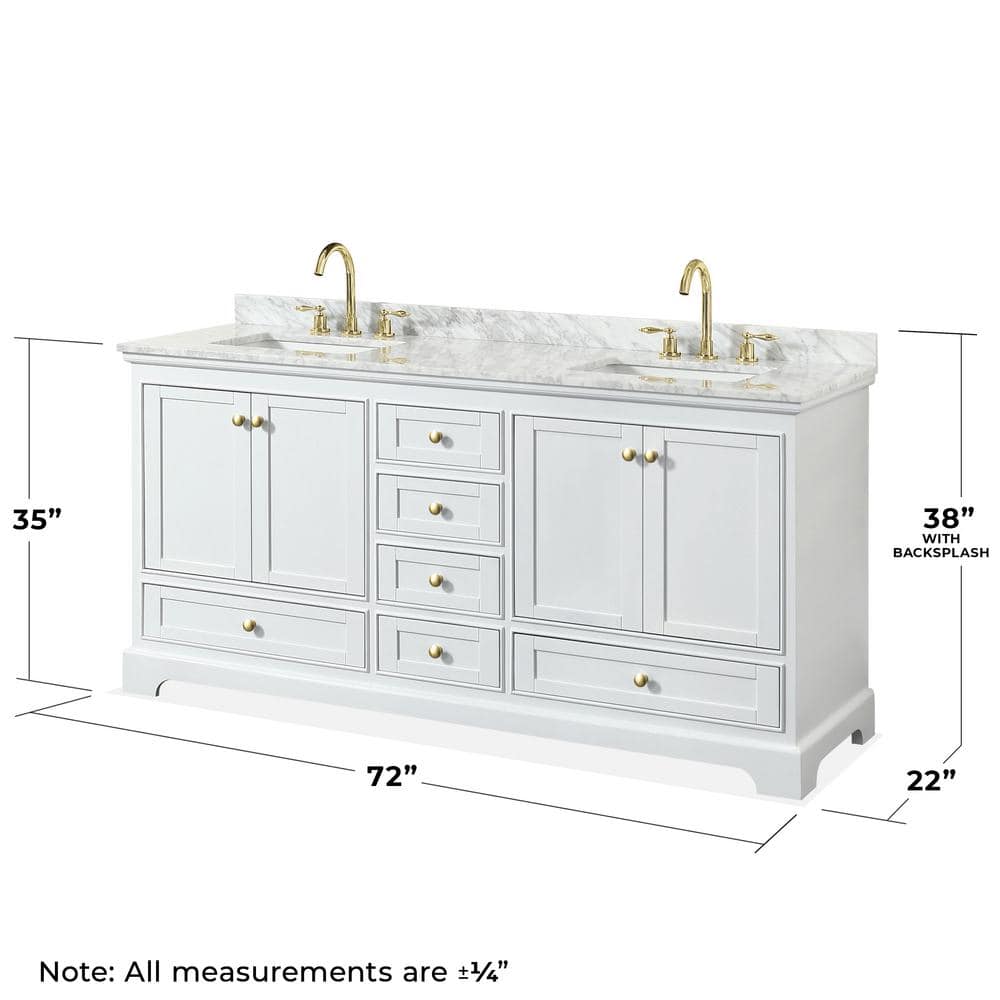 Deborah Classic White 72" Double Vanity with Carrara Marble Top and Gold Trim