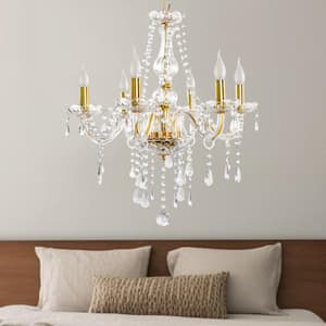 6-Light Gold Candlestick Chandelier with K9 Crystal Shade for Living Room Dining Room