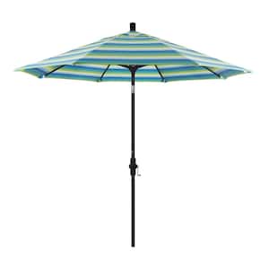 9 ft. Black Aluminum Pole Market Aluminum Ribs Collar Tilt Crank Lift Patio Umbrella in Seville Seaside Sunbrella