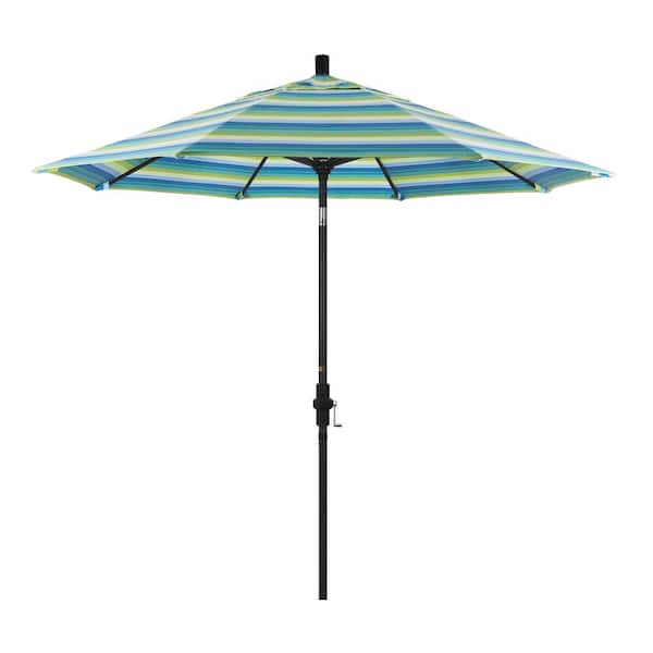 California Umbrella 9 ft. Black Aluminum Pole Market Aluminum Ribs Collar Tilt Crank Lift Patio Umbrella in Seville Seaside Sunbrella