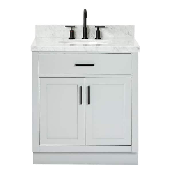 Hepburn 30 in. Single Sink Freestanding Bathroom Vanity in Gray with Carrara White Marble Top