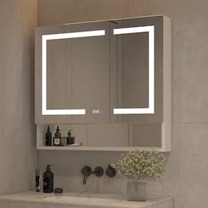 36 in. W x 32 in. H Large Rectangular Silver Aluminum Recessed/Surface Mount Medicine Cabinet with Mirror Outlet USB