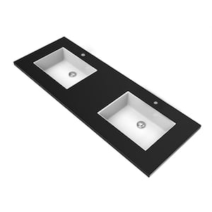 Serenity 60 in. W x 22 in. D Solid Surface Vanity Top in Black with White Rectangular Double Sink