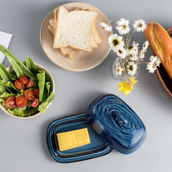 42 oz. Navy Blue Porcelain Butter Dish with Lid and Handle, Anti-Slip Ridge Design for Countertop (Set of 1)