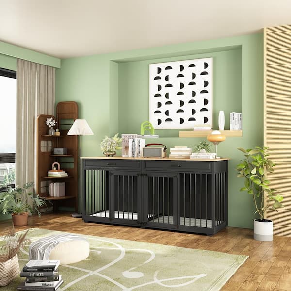 Large Wooden Dog Kennels Drawers and Divider, Furniture Style Dog Crate, Black Dog House for Large Medium Small Dogs