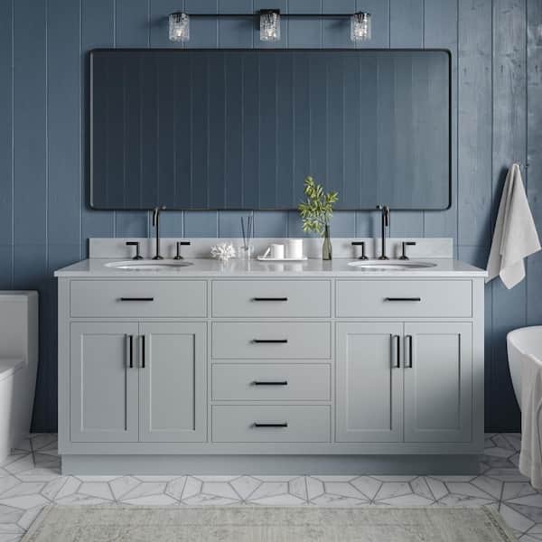 ARIEL Hepburn 73 in. W x 22 in. D x 35.25 in. H Bath Vanity in Grey with Carrara Marble Vanity Top in White with White Basins