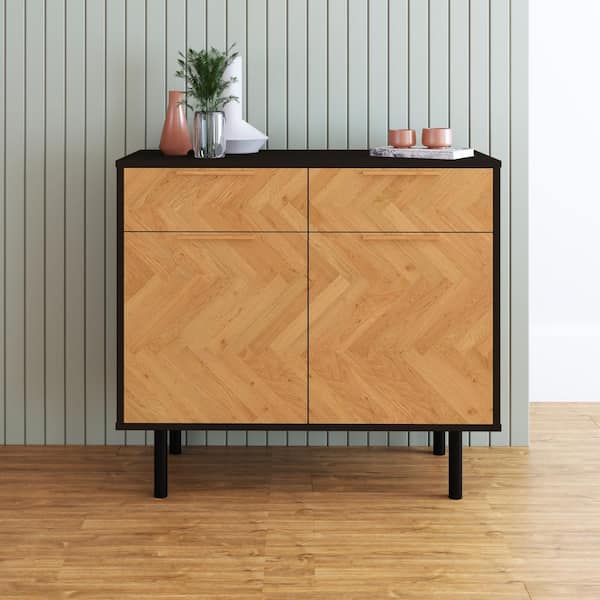 Manhattan Comfort Liam Black and Wood Print Mid-Century Modern Composite Wood 35.43 in. Sideboard with 4-Storage Shelves