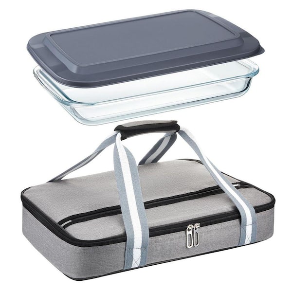 1-Piece Gray Glass Baking Dish with Lid and Insulated Carrier Set for Hot or Cold Food Transport and Serving