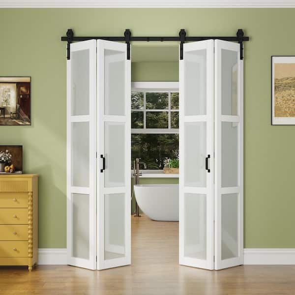 72 in. x 84 in. 3-Lite Tempered Frosted Glass White Finished Composite MDF Bi-Fold Sliding Barn Door with Hardware Kit